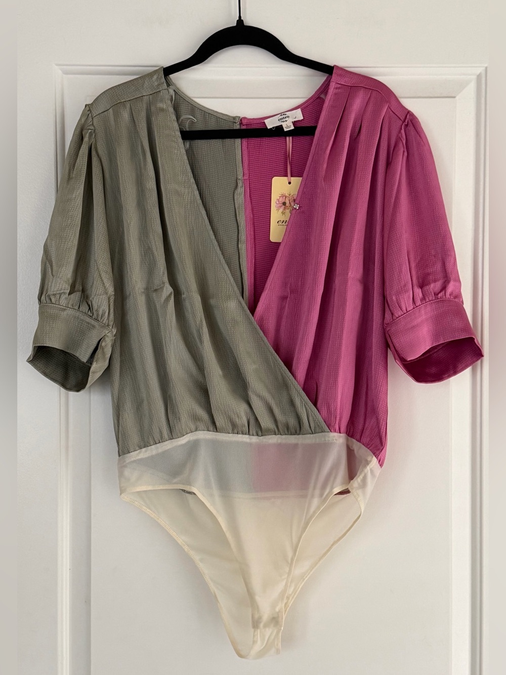 entro Color-block with Pink and Olive Wrap-Front Bodysuit